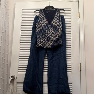 Ralph Lauren Navy and Cream Patterned vest with denim pants set
